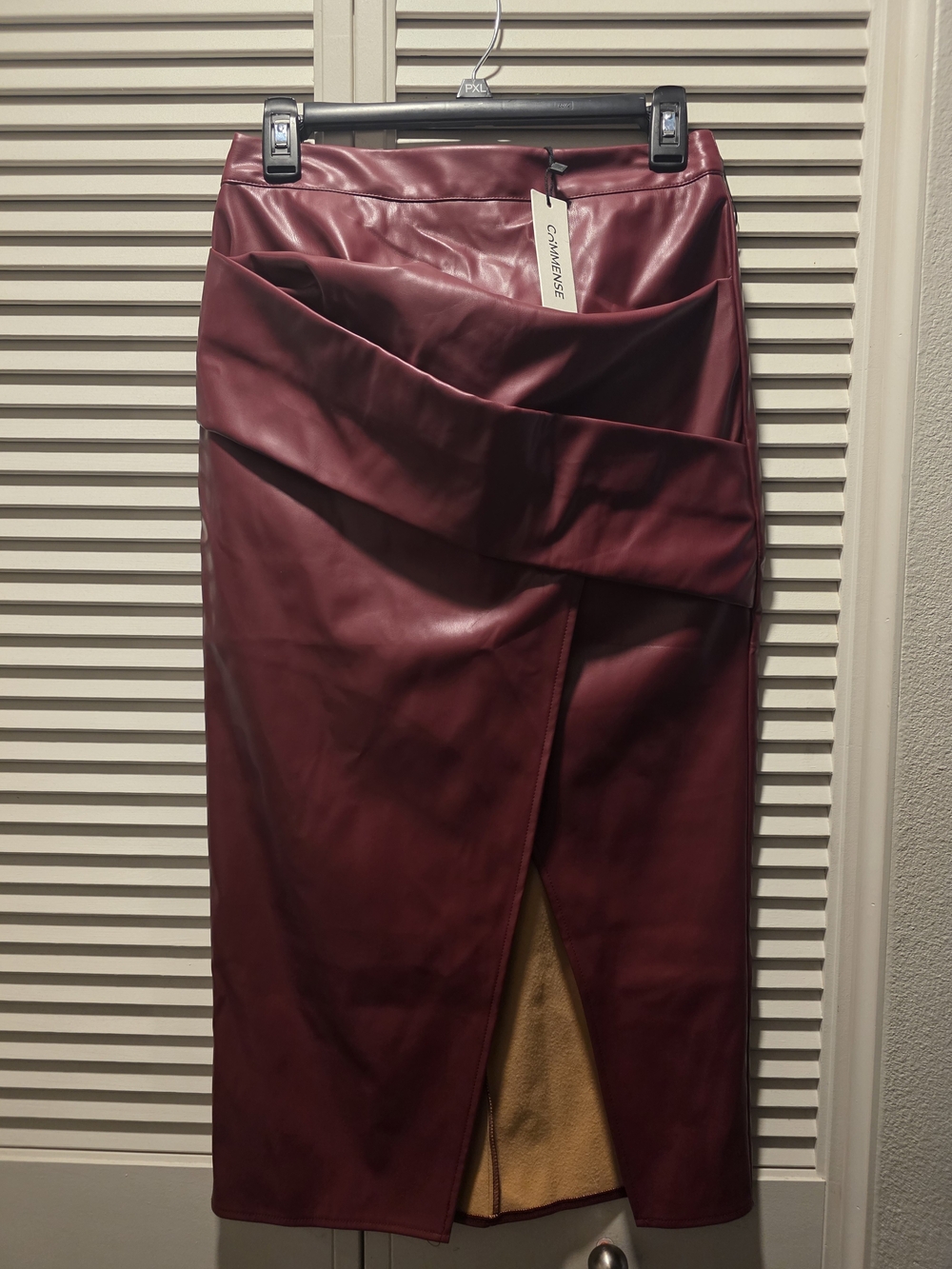 Faux Leather Midi Pencil Skirt in Burgundy by